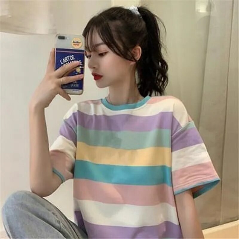 Y2K Grunge Striped T-Shirt - Retro 90s Summer Outfit, Korean Streetwear, Y2K Fashion