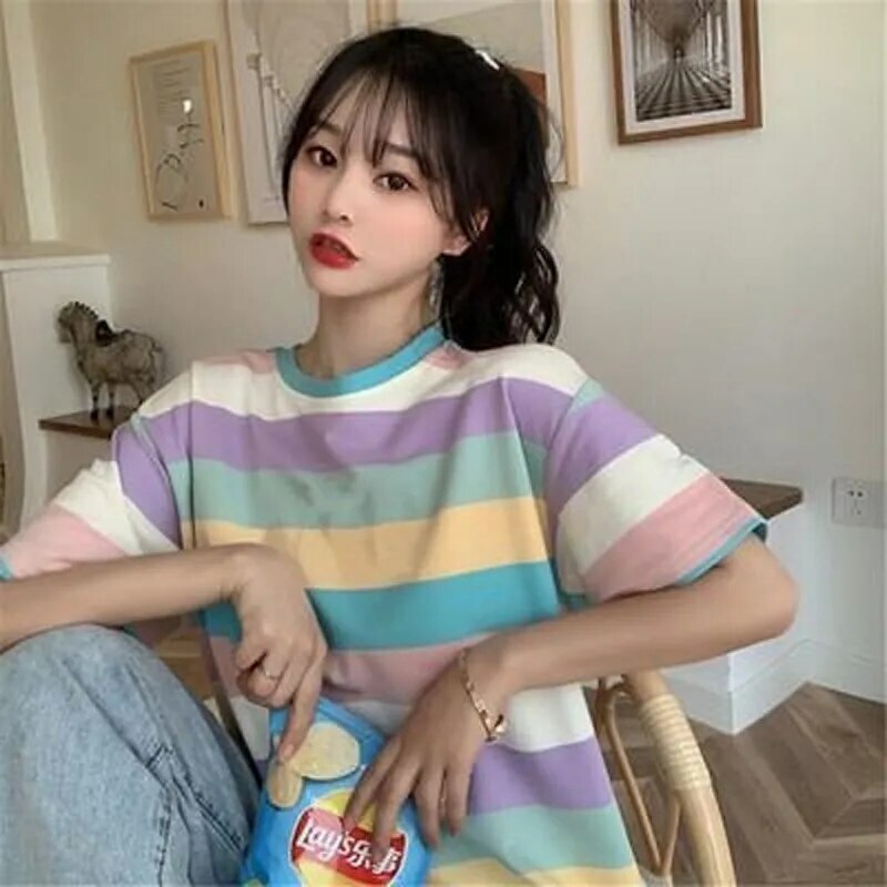 Y2K Grunge Striped T-Shirt - Retro 90s Summer Outfit, Korean Streetwear, Y2K Fashion