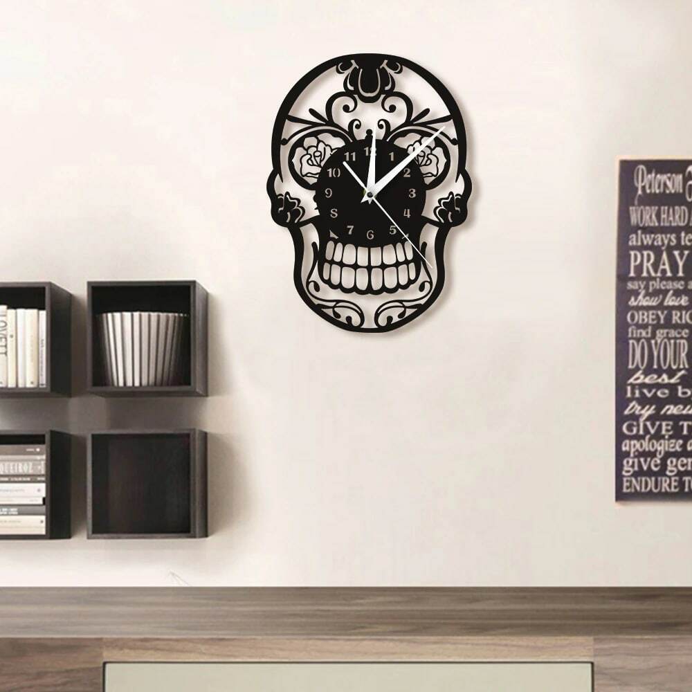 Y2K Grunge Sugar Skull Wall Clock Decor - Retro 90s Goth Pastel Goth Y2K Home Style