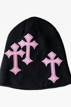 Y2K Grunge Summer Beanie with Cross - 90s Retro, Gothic, Pastel Goth, and Hip Hop Fashion