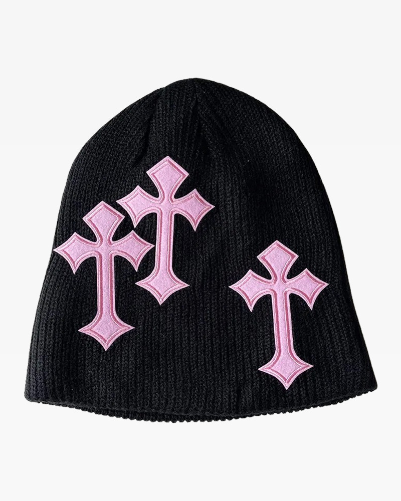 Y2K Grunge Summer Beanie with Cross - 90s Retro, Gothic, Pastel Goth, and Hip Hop Fashion