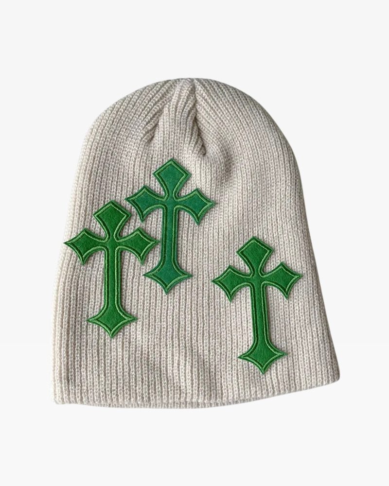 Y2K Grunge Summer Beanie with Cross - 90s Retro, Gothic, Pastel Goth, and Hip Hop Fashion