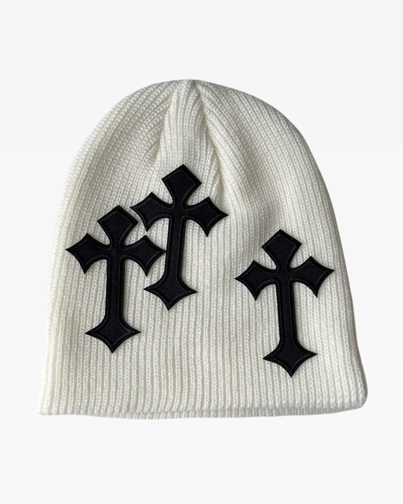 Y2K Grunge Summer Beanie with Cross - 90s Retro, Gothic, Pastel Goth, and Hip Hop Fashion