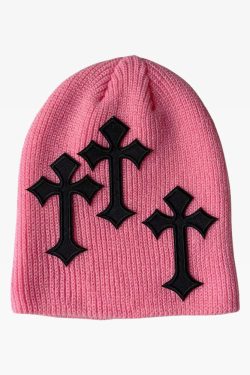 Y2K Grunge Summer Beanie with Cross - 90s Retro, Gothic, Pastel Goth, and Hip Hop Fashion