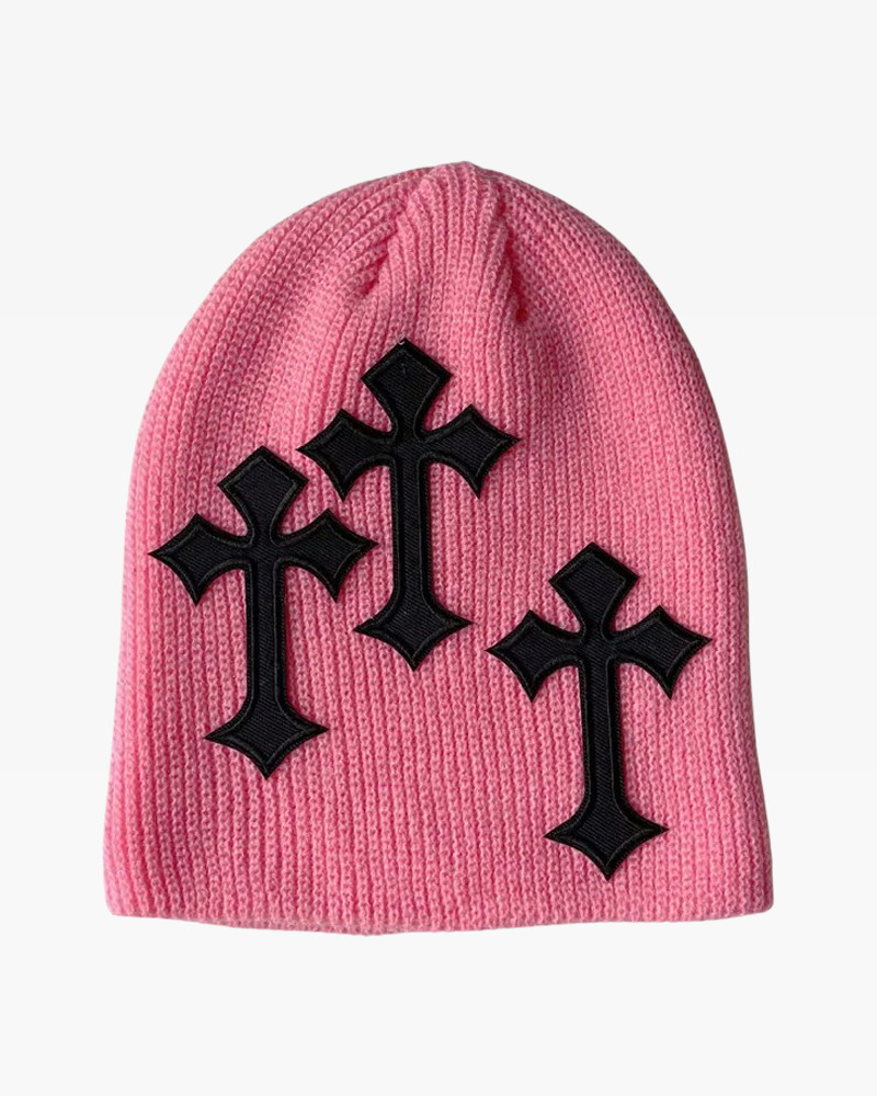 Y2K Grunge Summer Beanie with Cross - 90s Retro, Gothic, Pastel Goth, and Hip Hop Fashion