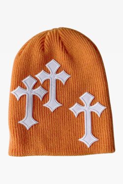 Y2K Grunge Summer Beanie with Cross - 90s Retro, Gothic, Pastel Goth, and Hip Hop Fashion
