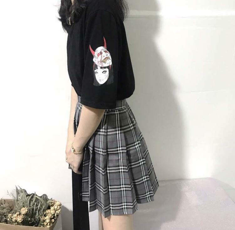 Y2K Grunge Summer Outfit: Sleeved Devils Advocate Shirt - 90s Retro, Gothic, Pastel Goth Style
