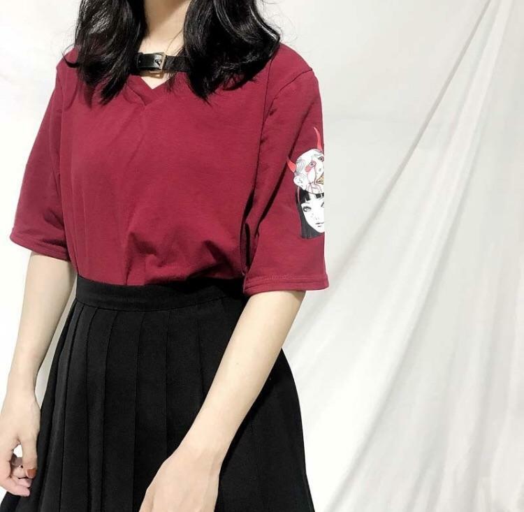Y2K Grunge Summer Outfit: Sleeved Devils Advocate Shirt - 90s Retro, Gothic, Pastel Goth Style