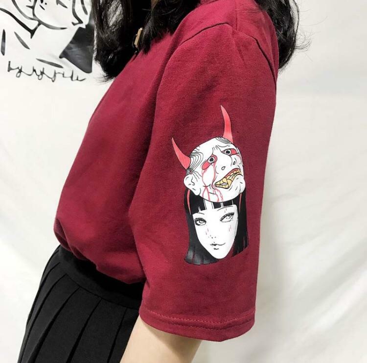 Y2K Grunge Summer Outfit: Sleeved Devils Advocate Shirt - 90s Retro, Gothic, Pastel Goth Style