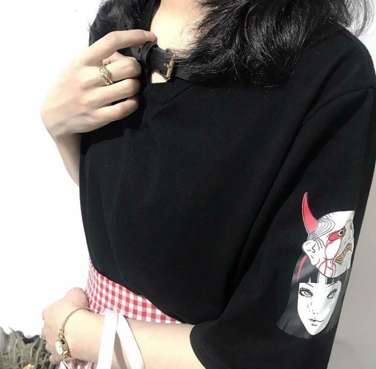 Y2K Grunge Summer Outfit: Sleeved Devils Advocate Shirt - 90s Retro, Gothic, Pastel Goth Style