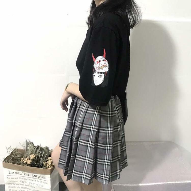 Y2K Grunge Summer Outfit: Sleeved Devils Advocate Shirt - 90s Retro, Gothic, Pastel Goth Style