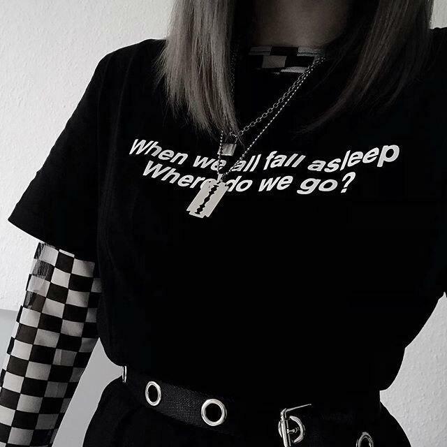 Y2K Grunge Summer Outfit: When We All Fall Asleep Where Do We Go Retro 90s Tee