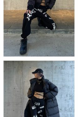 Y2K Grunge Summer Outfits: Gothic Graphic Black Jogging Sweatpants, 90s Retro Style
