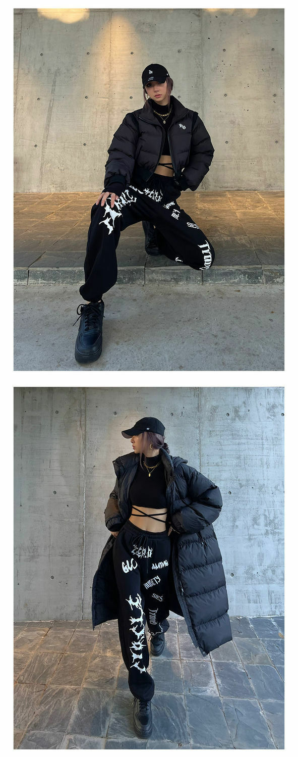 Y2K Grunge Summer Outfits: Gothic Graphic Black Jogging Sweatpants, 90s Retro Style