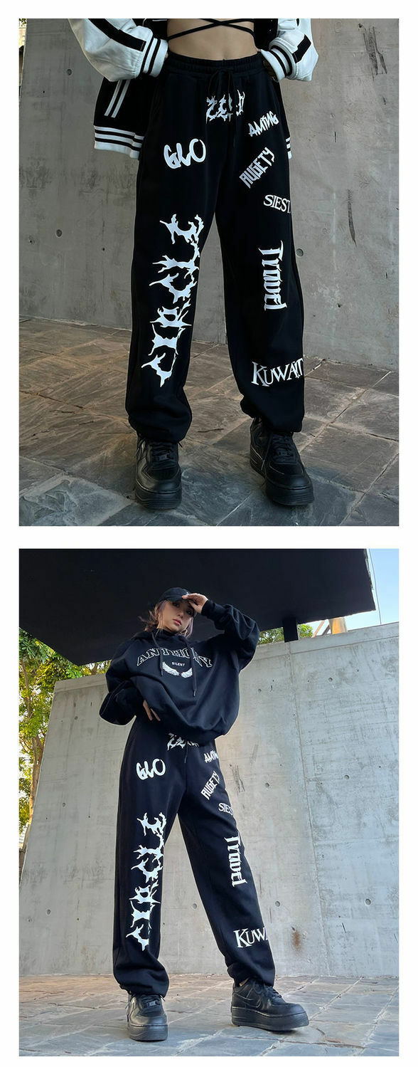 Y2K Grunge Summer Outfits: Gothic Graphic Black Jogging Sweatpants, 90s Retro Style