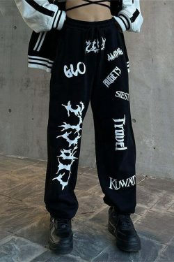 Y2K Grunge Summer Outfits: Gothic Graphic Black Jogging Sweatpants, 90s Retro Style