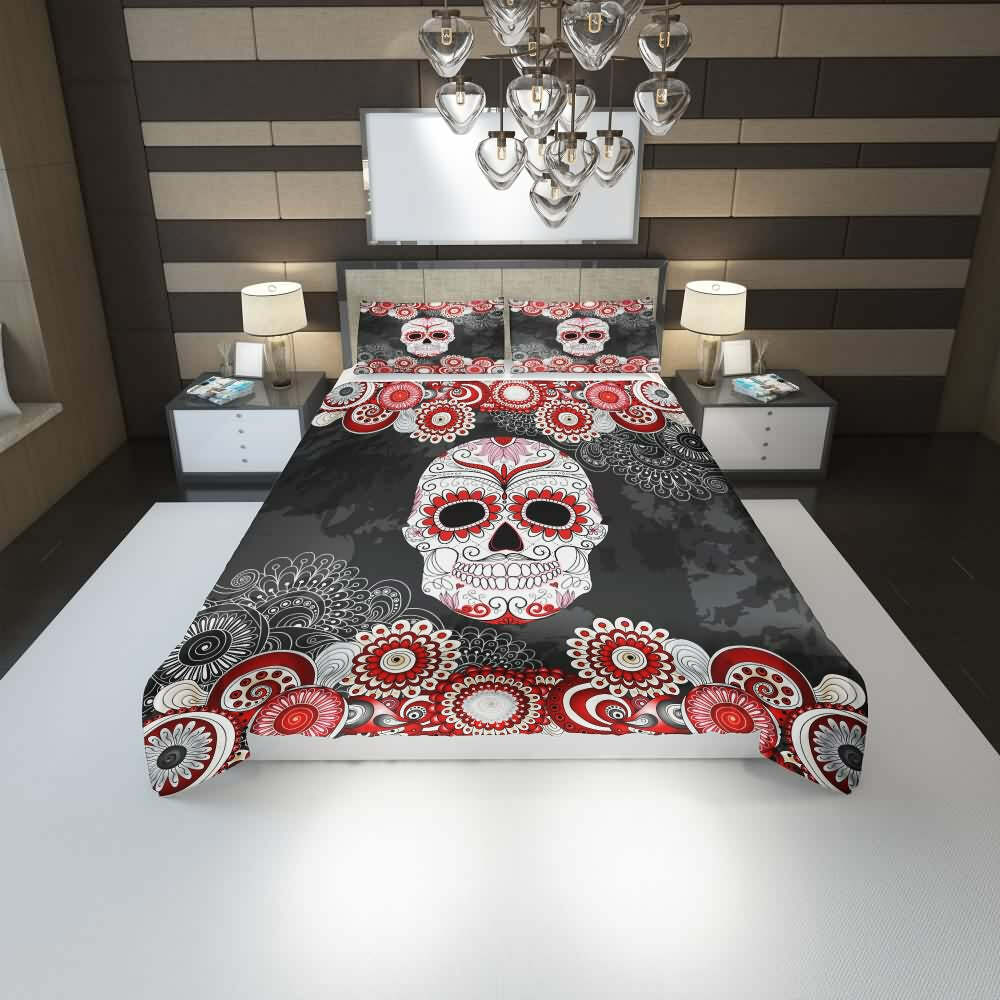 Y2K Grunge Summer Outfits: Sugar Skull Duvet Cover Set - Retro 90s Fashion & Pastel Goth Style