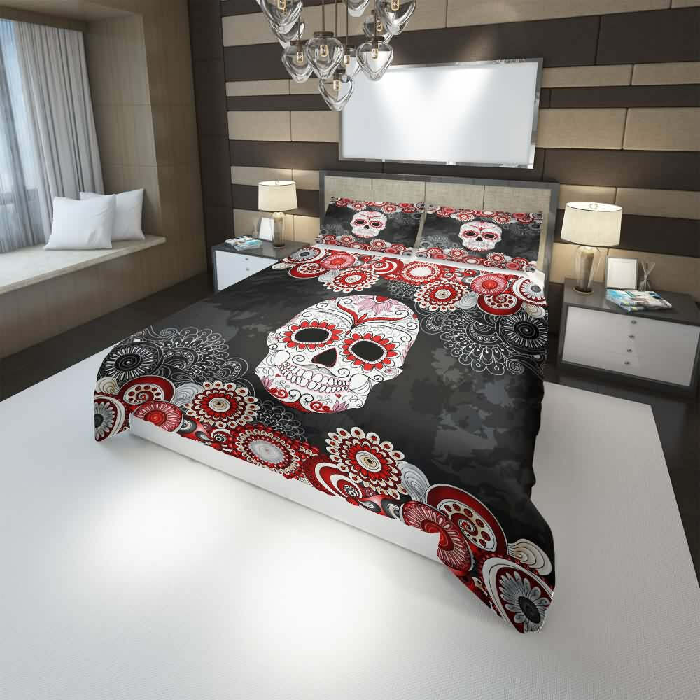 Y2K Grunge Summer Outfits: Sugar Skull Duvet Cover Set - Retro 90s Fashion & Pastel Goth Style