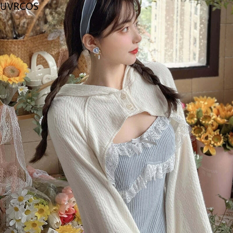Y2K Grunge Sweet Lolita White Cardigan - Retro 90s Fashion, Summer Y2K Outfits, Pastel Goth