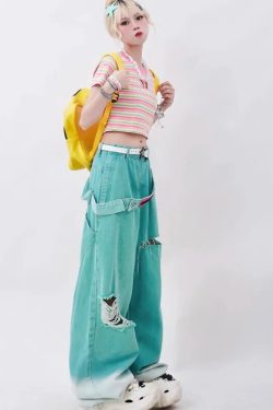 Y2K Grunge Teal Blue Baggy Jeans - Retro 90s Hip Hop Korean Streetwear Summer Outfit