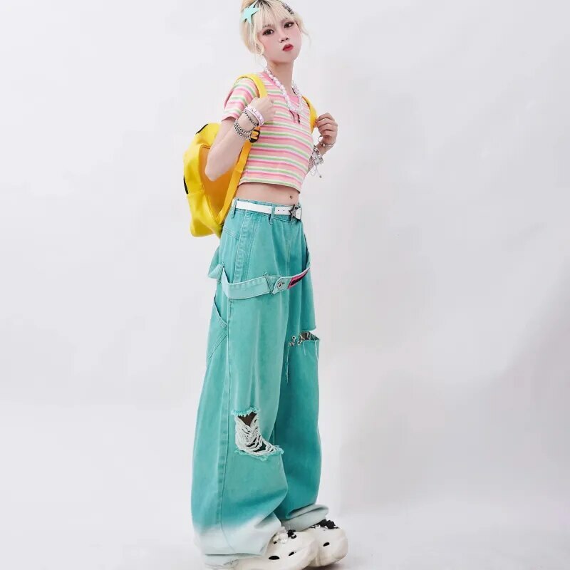 Y2K Grunge Teal Blue Baggy Jeans - Retro 90s Hip Hop Korean Streetwear Summer Outfit