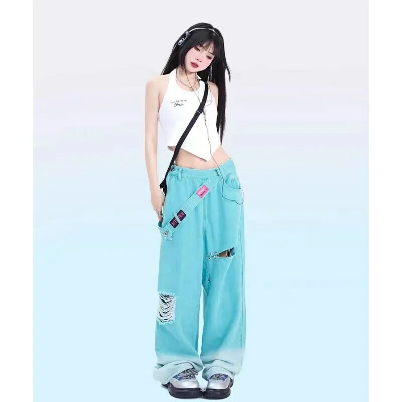 Y2K Grunge Teal Blue Baggy Jeans - Retro 90s Hip Hop Korean Streetwear Summer Outfit