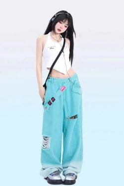 Y2K Grunge Teal Blue Baggy Jeans - Retro 90s Hip Hop Korean Streetwear Summer Outfit