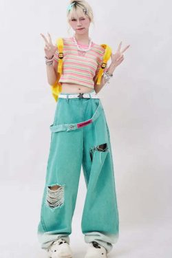 Y2K Grunge Teal Blue Baggy Jeans - Retro 90s Hip Hop Korean Streetwear Summer Outfit