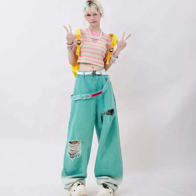 Y2K Grunge Teal Blue Baggy Jeans - Retro 90s Hip Hop Korean Streetwear Summer Outfit