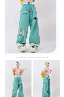 Y2K Grunge Teal Blue Baggy Jeans - Retro 90s Hip Hop Korean Streetwear Summer Outfit