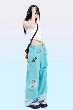Y2K Grunge Teal Blue Baggy Jeans - Retro 90s Hip Hop Korean Streetwear Summer Outfit
