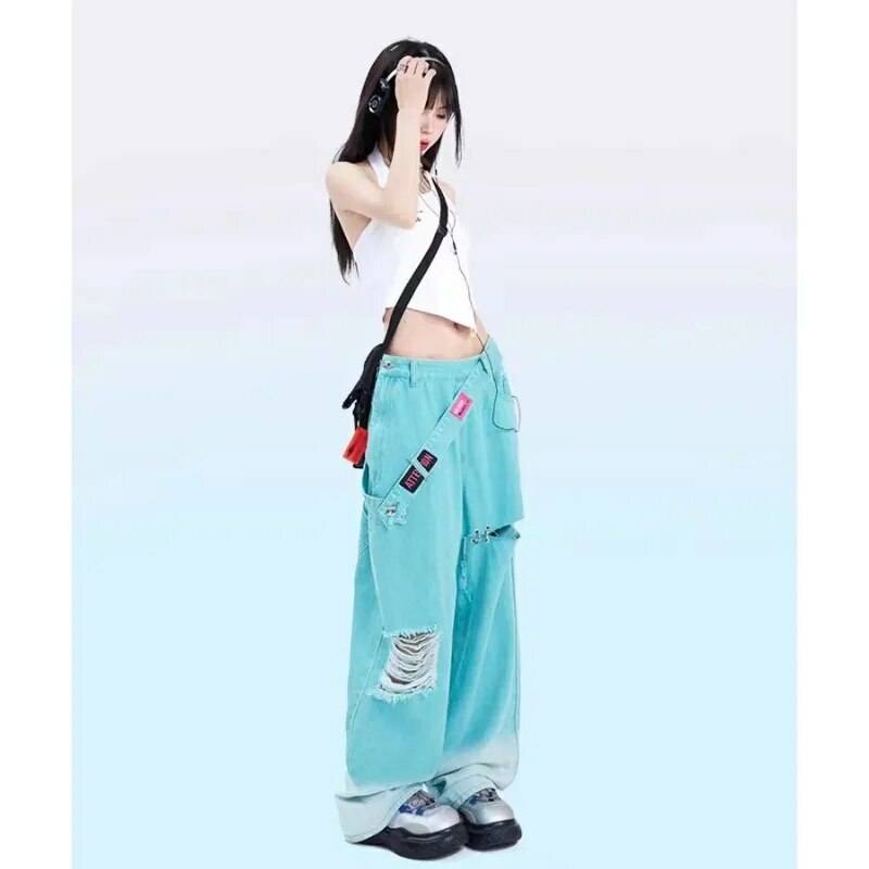 Y2K Grunge Teal Blue Baggy Jeans - Retro 90s Hip Hop Korean Streetwear Summer Outfit