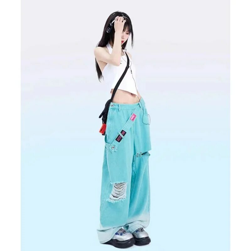Y2K Grunge Teal Blue Baggy Jeans - Retro 90s Hip Hop Korean Streetwear Summer Outfit