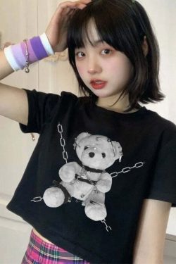 Y2K Grunge Teddy Bear Chains Crop Top - 90s Retro Summer Outfit, Pastel Goth Fashion