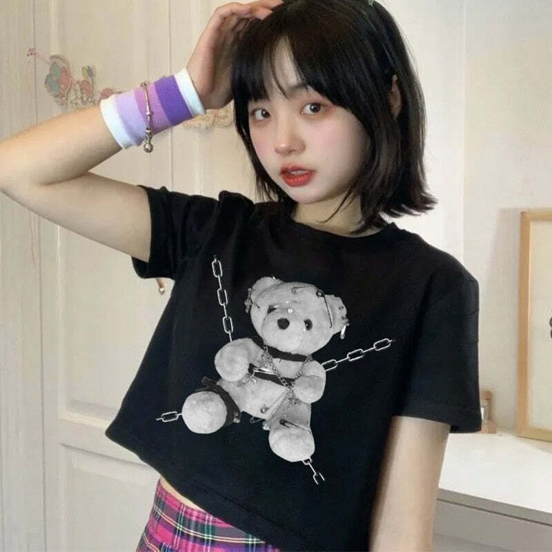 Y2K Grunge Teddy Bear Chains Crop Top - 90s Retro Summer Outfit, Pastel Goth Fashion