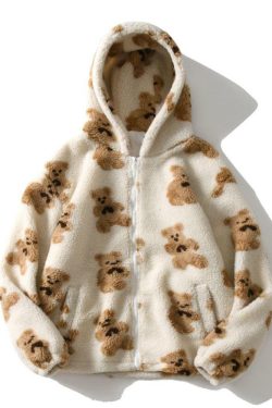 Y2K Grunge Teddy Bear Hooded Fleece Jacket - Retro 90s Fashion, Pastel Goth, Y2K Outfits