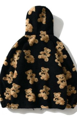 Y2K Grunge Teddy Bear Hooded Fleece Jacket - Retro 90s Fashion, Pastel Goth, Y2K Outfits