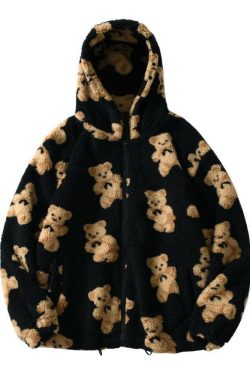 Y2K Grunge Teddy Bear Hooded Fleece Jacket - Retro 90s Fashion, Pastel Goth, Y2K Outfits