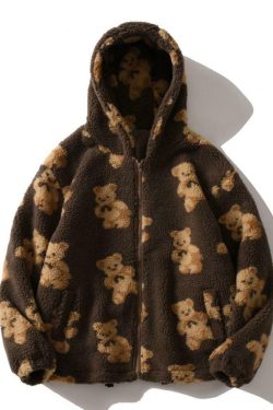 Y2K Grunge Teddy Bear Hooded Fleece Jacket - Retro 90s Fashion, Y2K Summer & Party Outfits