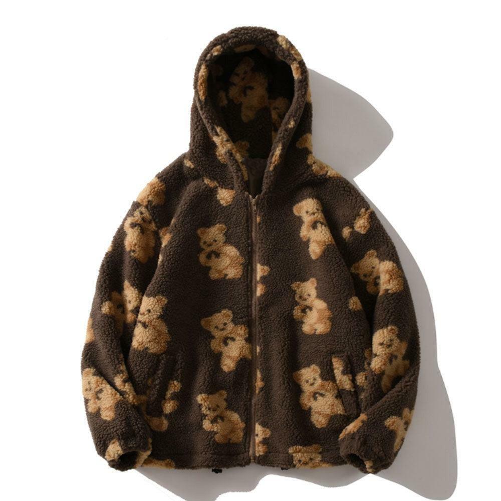 Y2K Grunge Teddy Bear Hooded Fleece Jacket - Retro 90s Fashion, Y2K Summer & Party Outfits