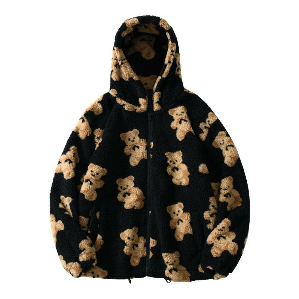 Y2K Grunge Teddy Bear Hooded Fleece Jacket - Retro 90s Fashion, Y2K Summer & Party Outfits