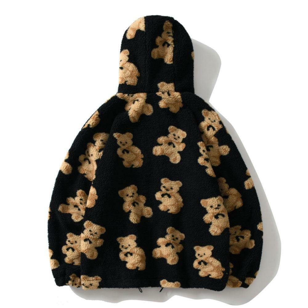 Y2K Grunge Teddy Bear Hooded Fleece Jacket - Retro 90s Fashion, Y2K Summer & Party Outfits