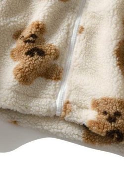 Y2K Grunge Teddy Bear Hooded Fleece Jacket - Retro 90s Fashion, Y2K Summer & Party Outfits