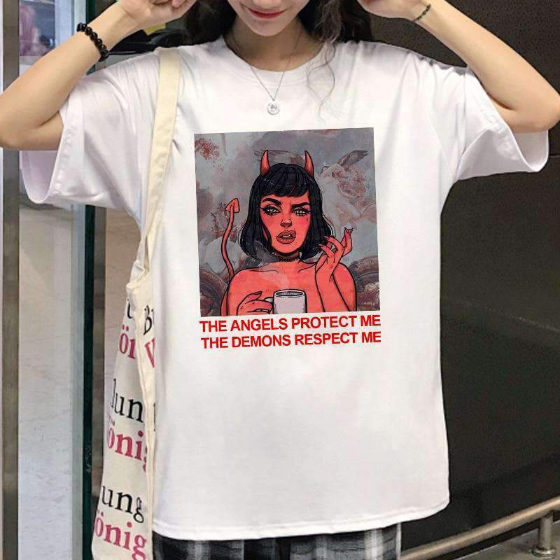 Y2K Grunge The Angels Protect Me The Demons Respect Me Shirt - 90s Retro Summer Outfit