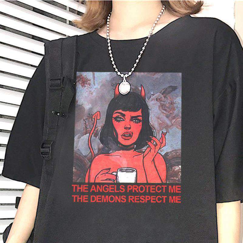 Y2K Grunge The Angels Protect Me The Demons Respect Me Shirt - 90s Retro Summer Outfit