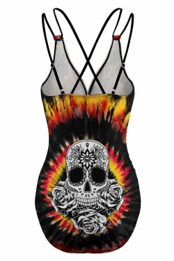 Y2K Grunge Tie Dye Sugar Skull Push Up One Piece Swimsuit - Retro 90s Summer Beachwear