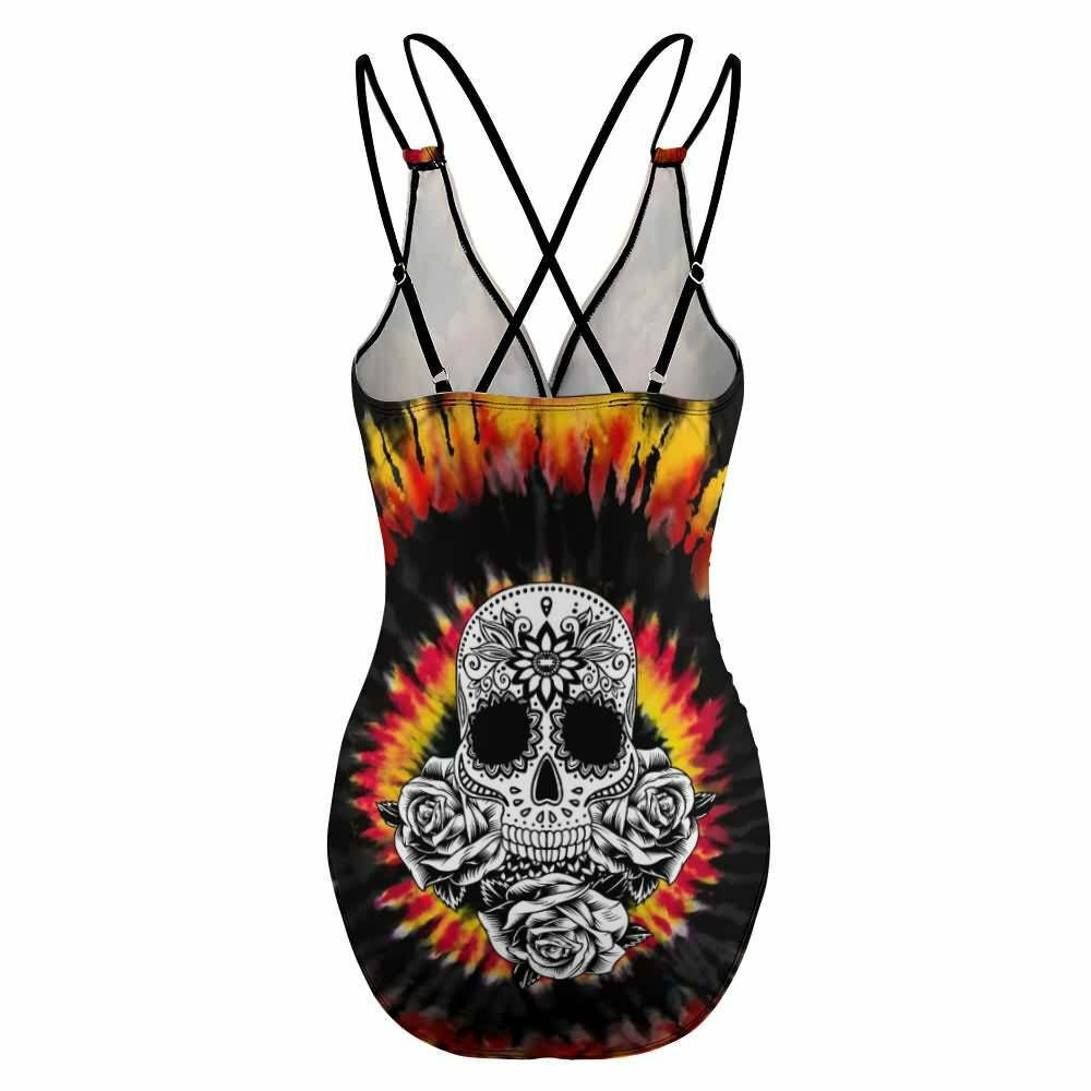 Y2K Grunge Tie Dye Sugar Skull Push Up One Piece Swimsuit - Retro 90s Summer Beachwear