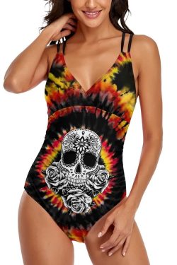 Y2K Grunge Tie Dye Sugar Skull Push Up One Piece Swimsuit - Retro 90s Summer Beachwear