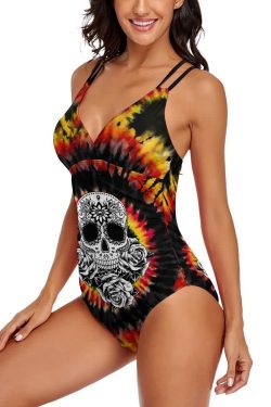 Y2K Grunge Tie Dye Sugar Skull Push Up One Piece Swimsuit - Retro 90s Summer Beachwear