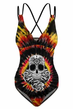 Y2K Grunge Tie Dye Sugar Skull Push Up One Piece Swimsuit - Retro 90s Summer Beachwear